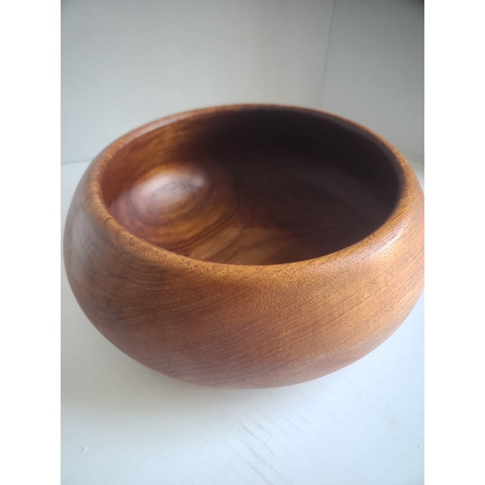 Vintage Handcrafted Round Solid Wood Bowl Mid Century Modern Serving Decor 8in